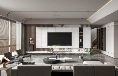 现代客厅 沙发茶几组合 休闲椅 电视背景墙 旋转楼梯